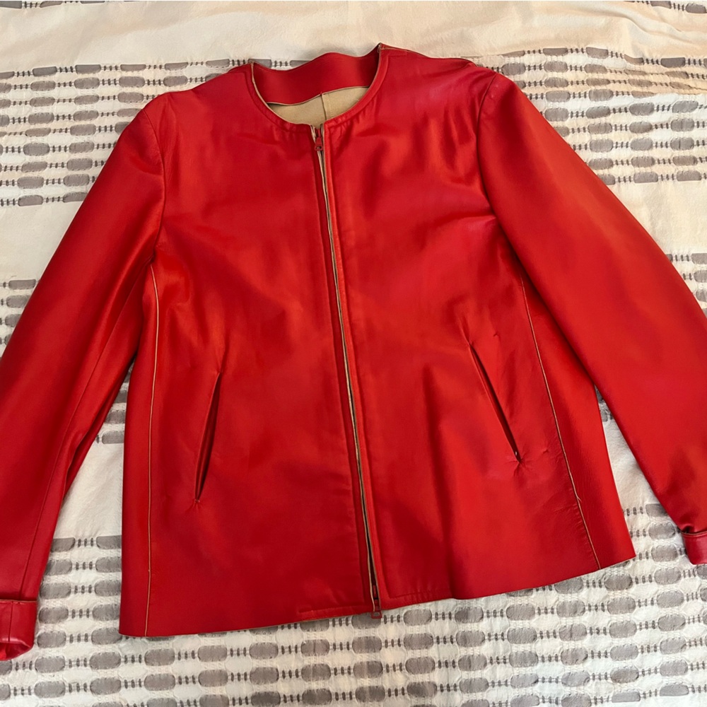 Jil Sander Vintage red leather collarless zip jacket